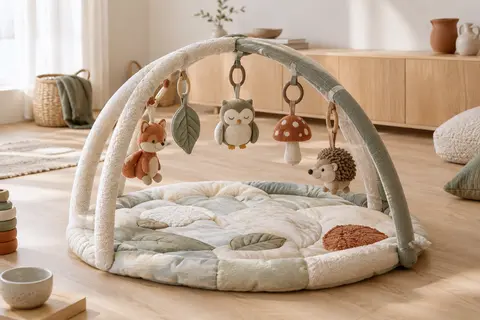 Tapis d’éveil Fehn avec arche et cinq jouets amovibles aux motifs de forêt en relief 3D