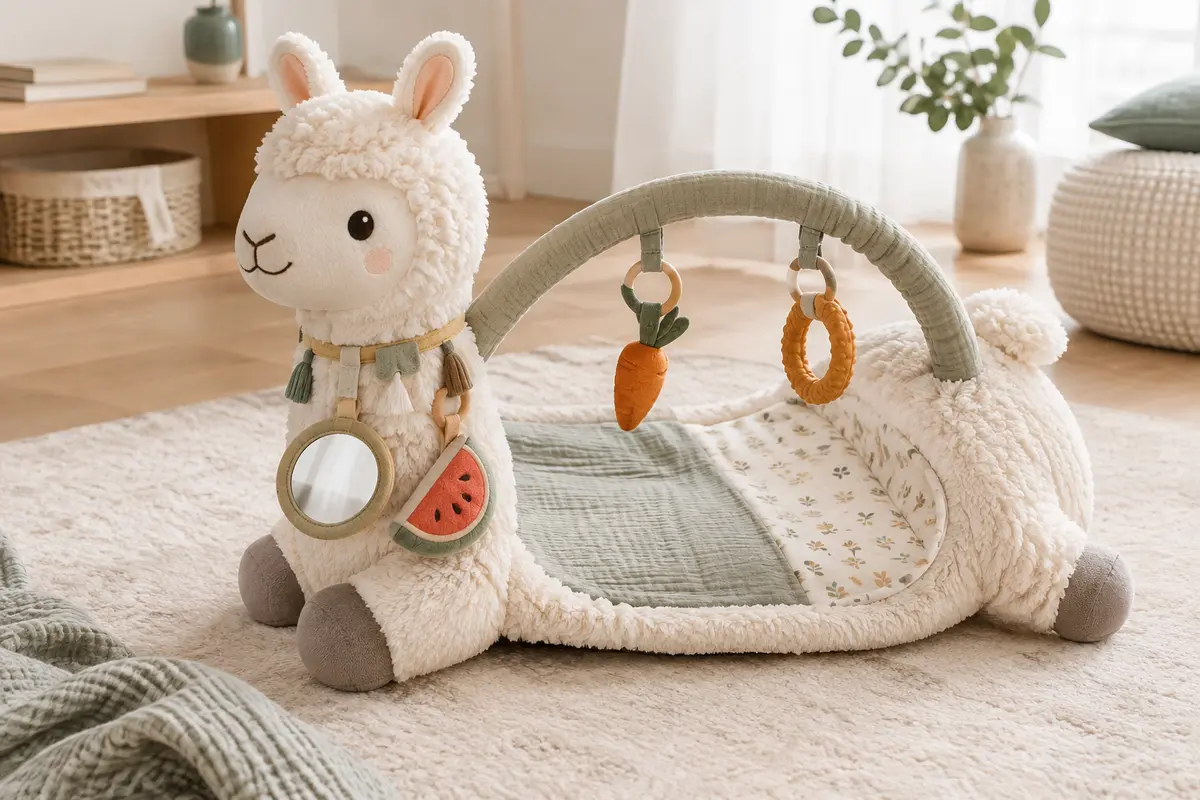 Coussin d’éveil en forme de lama avec tapis double face, miroir, hochet et anneau de dentition