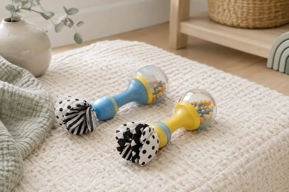 Deux maracas d’éveil bleues et jaunes avec pompons doux à motifs contrastés, posées sur un tapis crème.
