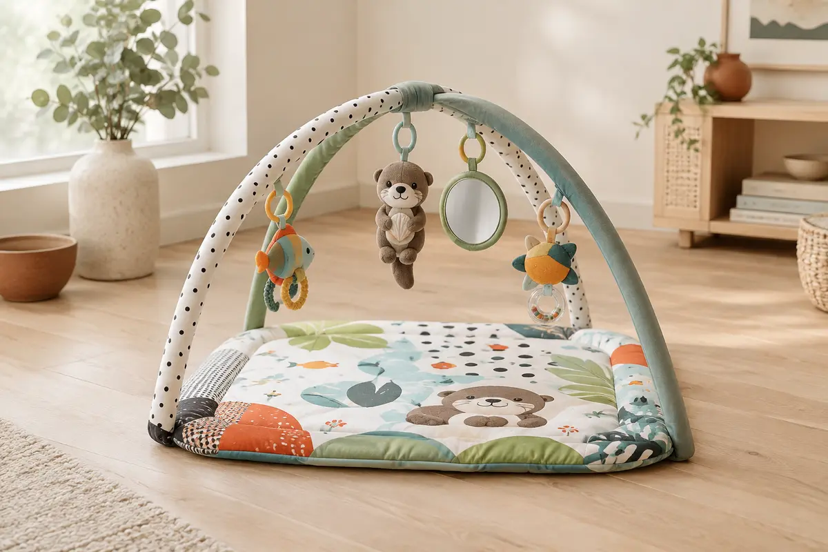 Tapis d’éveil carré avec deux arches et cinq jouets suspendus, dont une loutre musicale et lumineuse.