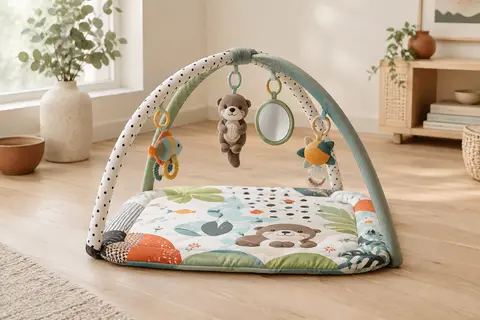 Tapis d’éveil carré avec deux arches et cinq jouets suspendus, dont une loutre musicale et lumineuse.