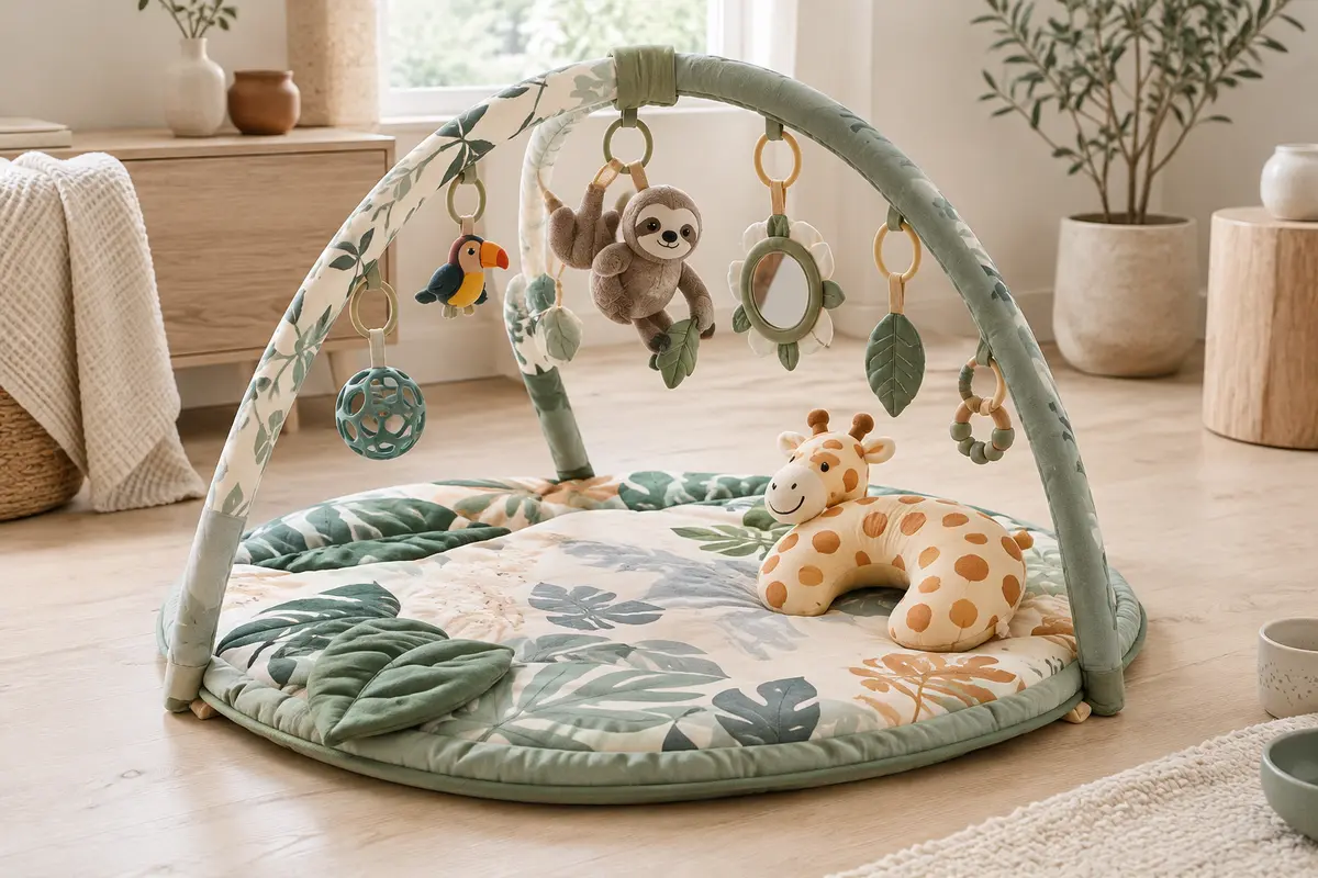 Tapis d’éveil Fisher-Price avec arche ajustable, jouets suspendus et coussin girafe sur un sol clair