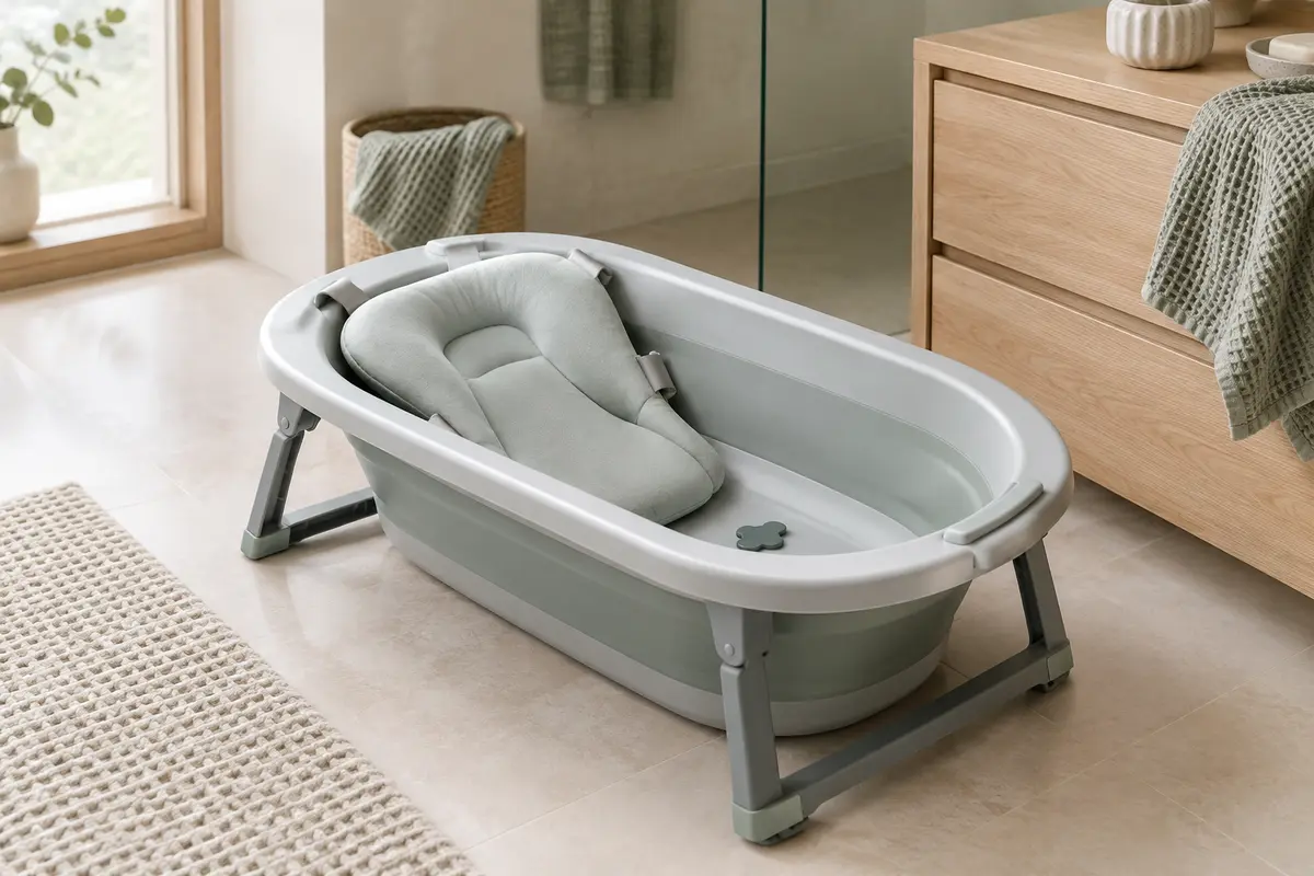 Baignoire bébé pliable grise avec coussin de soutien dans une salle de bains claire