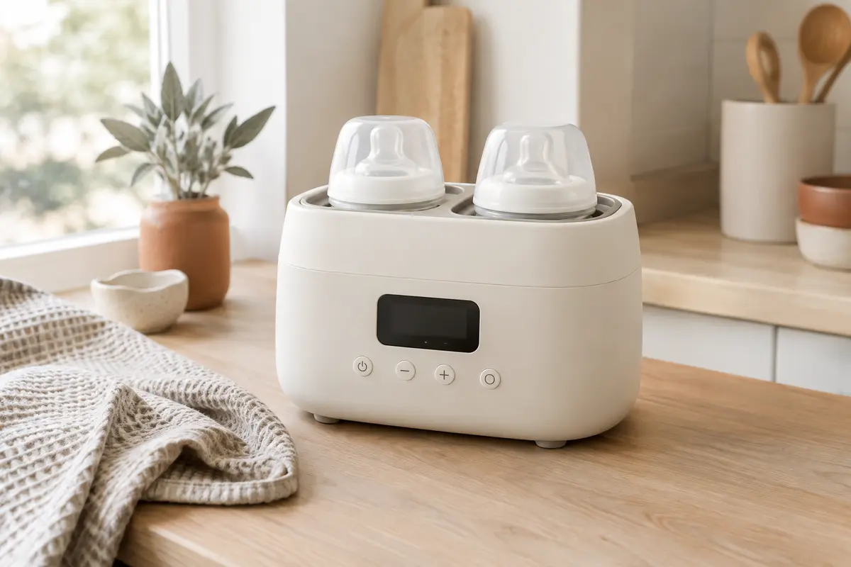 Chauffe-biberon double blanc crème avec écran LCD posé sur un plan de travail clair