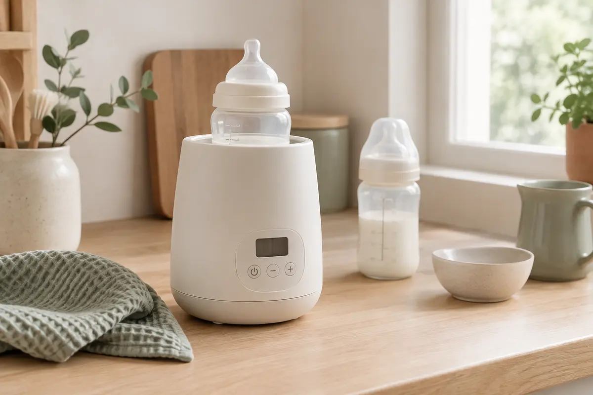 Chauffe-biberon compact avec écran LCD posé sur un plan de travail clair dans une cuisine épurée