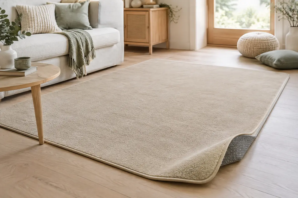Tapis d’éveil rectangulaire beige à poils ras et bordure côtelée, posé sur un parquet clair