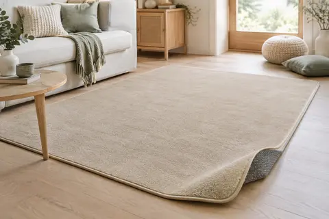 Tapis d’éveil rectangulaire beige à poils ras et bordure côtelée, posé sur un parquet clair