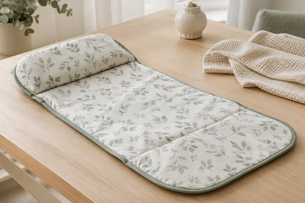 Tapis à langer de voyage Hamur déplié sur une surface en bois clair, avec son motif de feuilles