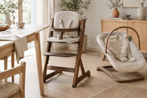 Chaise haute évolutive en hêtre brun noyer avec siège nouveau-né et coussin rembourré