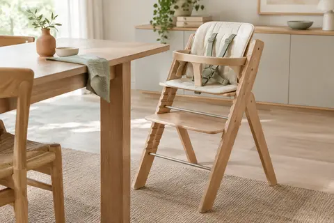 Chaise haute évolutive en hêtre naturel avec assise réglable, repose-pieds et barre de sécurité