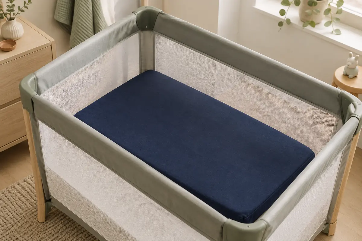 Matelas pliant Hauck bleu marine posé près d’un lit parapluie, avec son sac de transport