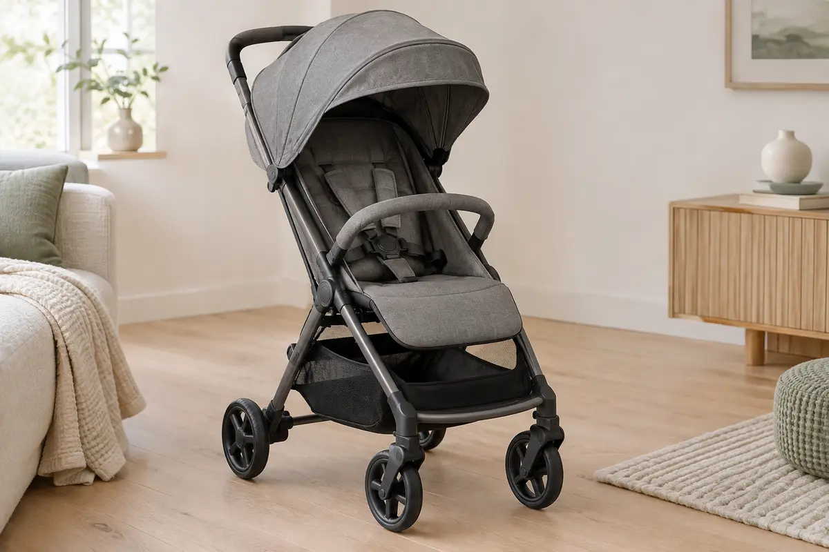 Poussette citadine grise avec capote, siège inclinable et panier inférieur dans une pièce lumineuse