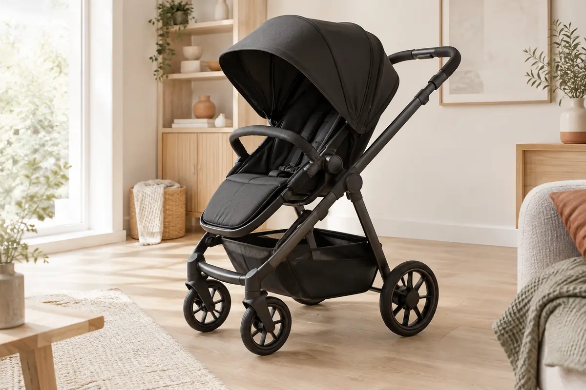 Poussette citadine noire à quatre roues, avec capote, assise inclinable et panier de rangement