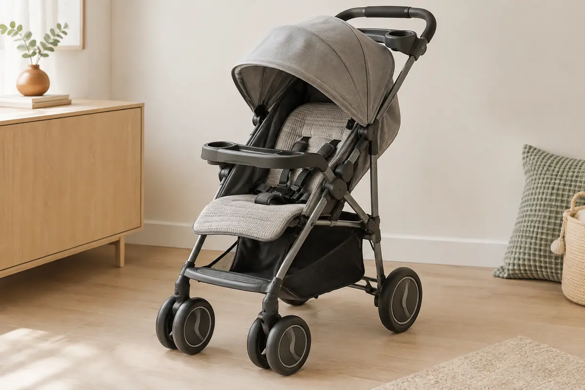 Poussette compacte grise avec capote, assise allongeable, plateaux et panier de rangement, dans une pièce lumineuse