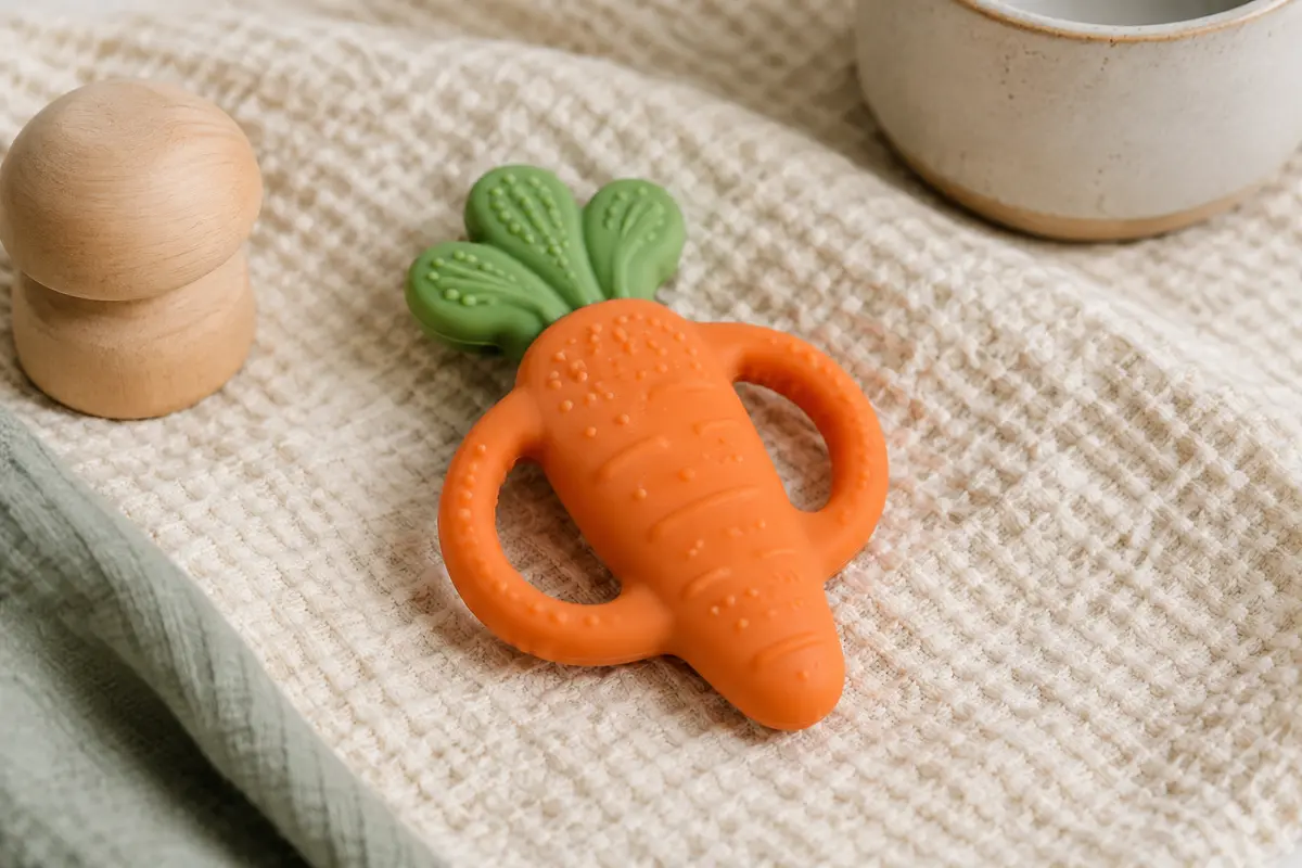 Anneau de dentition Infantino en forme de carotte orange et verte, avec poignées souples et surface texturée.