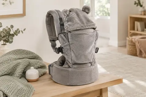 Porte-bébé gris Infantino avec assise ergonomique, larges bretelles, poche et capuche amovible en forme d’ourson