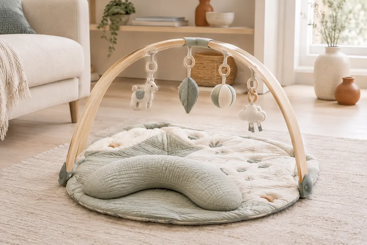 Tapis d’éveil Ingenuity avec couette réversible, arche en bois et jouets suspendus dans un intérieur lumineux