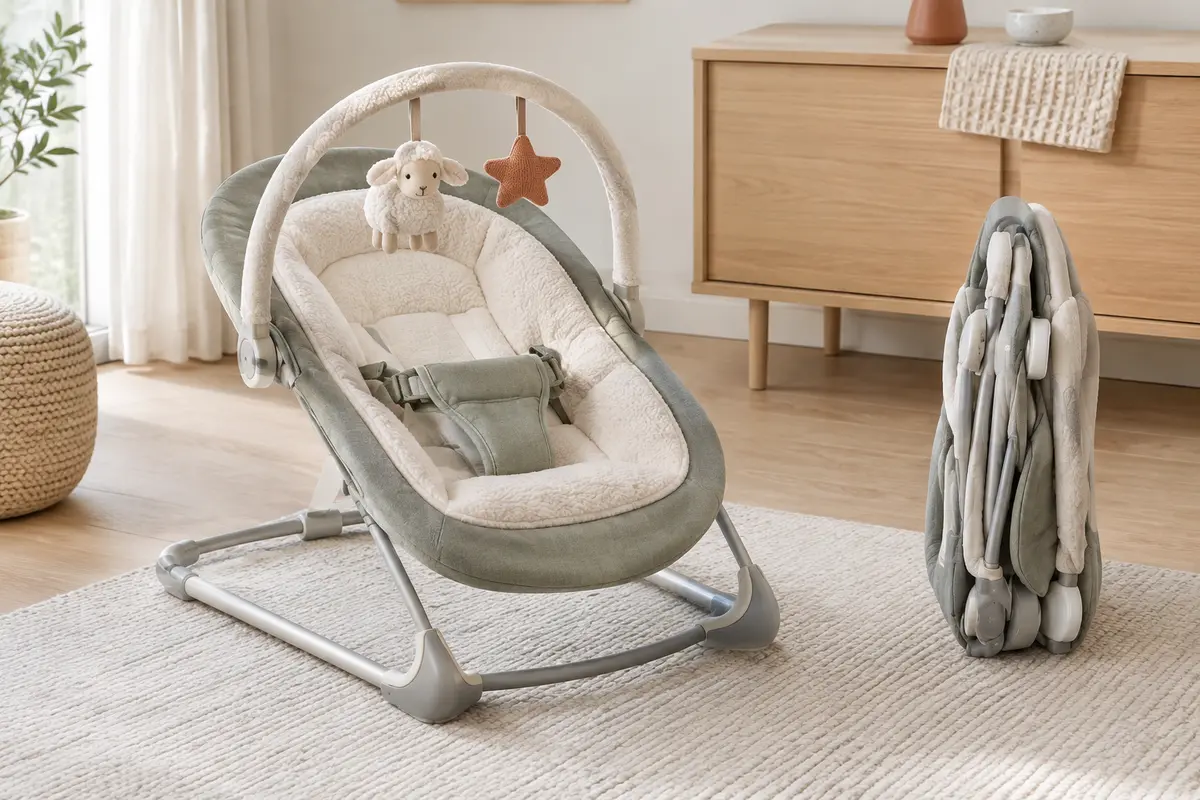 Transat bébé évolutif pliable avec assise enveloppante, arche de jeu et structure de balancement