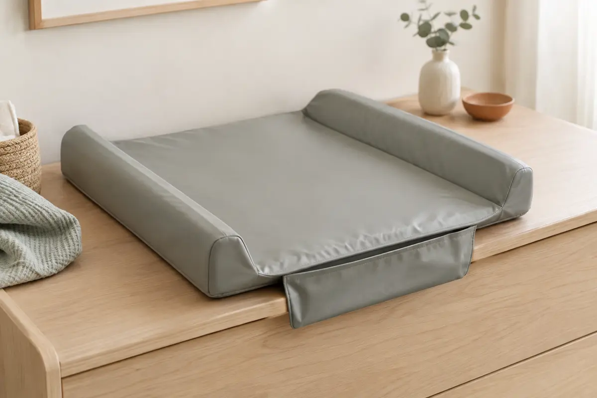 Matelas à langer gris en PVC souple avec deux côtés relevés, posé sur un plan en bois clair