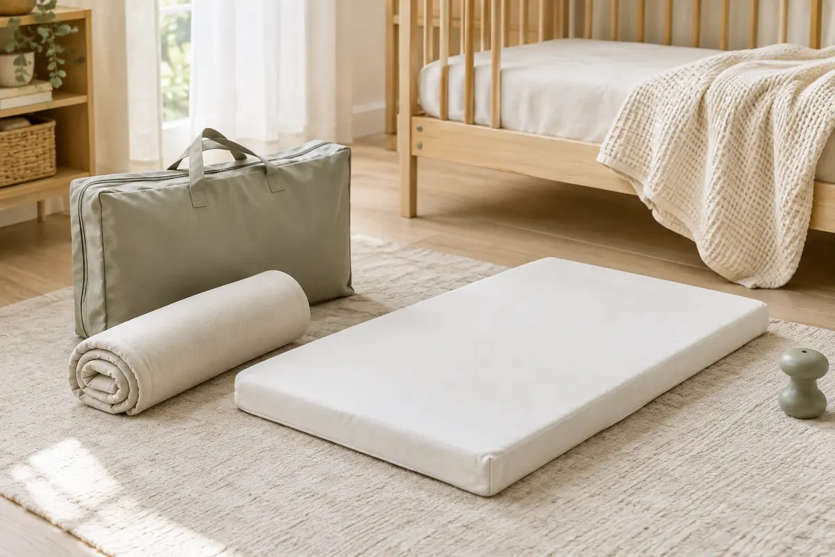 Matelas de voyage blanc en mousse déroulé près de son sac de transport dans une chambre lumineuse.