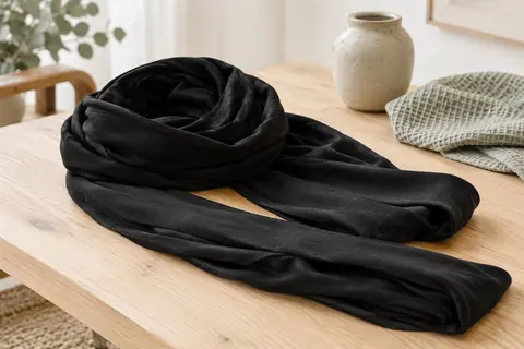Écharpe de portage noire en tissu extensible, pliée sur une chaise en bois clair dans une pièce lumineuse.