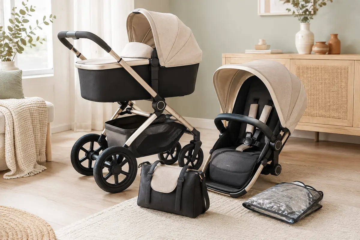 Poussette combinée noire et champagne avec nacelle, châssis en aluminium et roues en caoutchouc