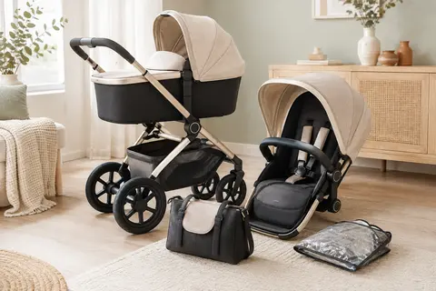 Poussette combinée noire et champagne avec nacelle, châssis en aluminium et roues en caoutchouc