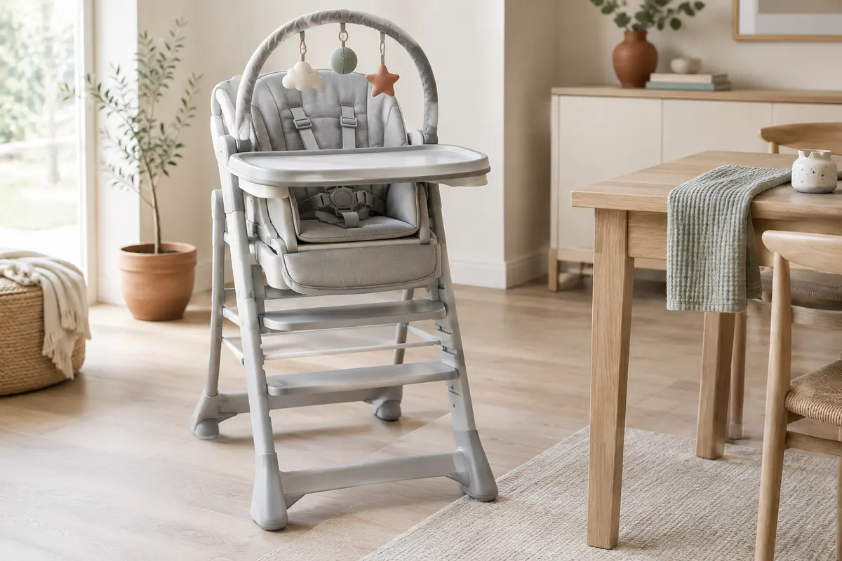 Chaise haute évolutive gris clair avec arceau de jeu, double plateau et repose-pieds dans une pièce lumineuse