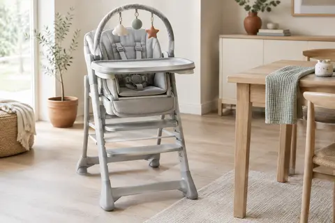 Chaise haute évolutive gris clair avec arceau de jeu, double plateau et repose-pieds dans une pièce lumineuse