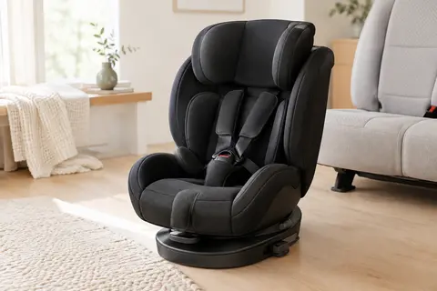 Siège auto convertible noir avec base pivotante, harnais cinq points et appui-tête réglable