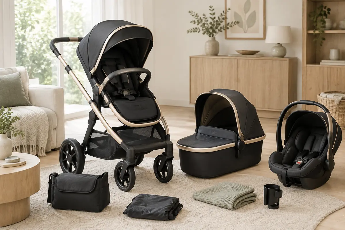 Poussette modulaire Kiduku avec siège orientable et accessoires de sortie disposés dans une pièce lumineuse