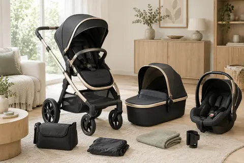 Poussette modulaire Kiduku avec siège orientable et accessoires de sortie disposés dans une pièce lumineuse