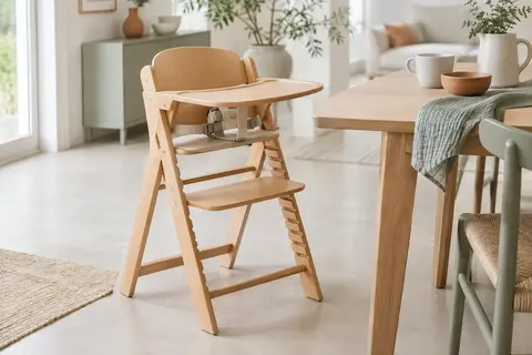 Chaise haute évolutive en bois naturel avec plateau amovible et repose-pieds réglable près d’une table
