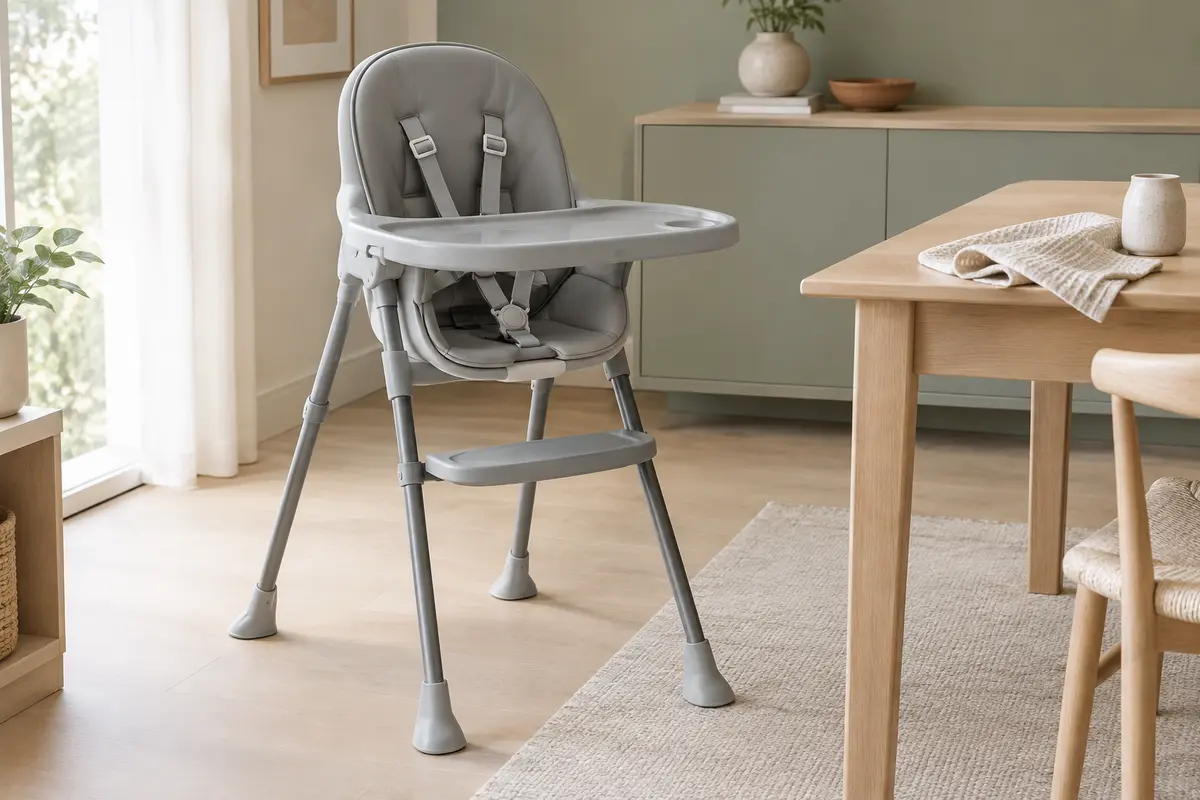 Chaise haute Kinderkraft Yummy grise déployée, avec plateau amovible, harnais et repose-pieds réglable