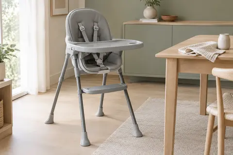Chaise haute Kinderkraft Yummy grise déployée, avec plateau amovible, harnais et repose-pieds réglable