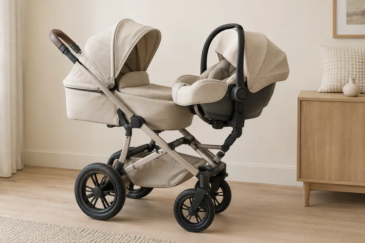 Poussette combinée beige avec assise nacelle, grandes roues amorties et siège auto assorti dans une pièce lumineuse.