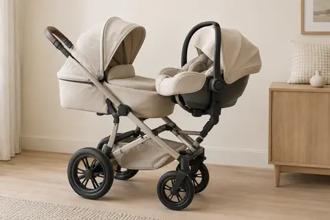 Poussette combinée beige avec assise nacelle, grandes roues amorties et siège auto assorti dans une pièce lumineuse.