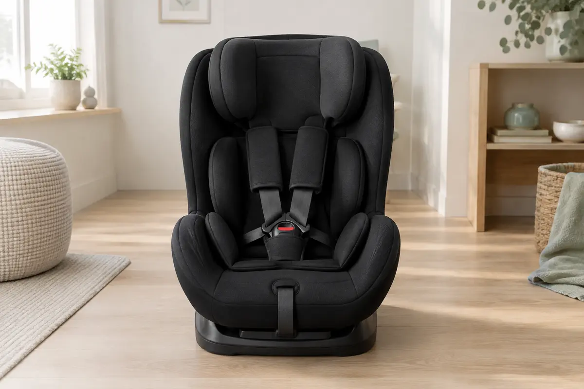 Siège auto Kinderkraft Comfort Up noir avec harnais cinq points et appui-tête réglable sur une banquette arrière.