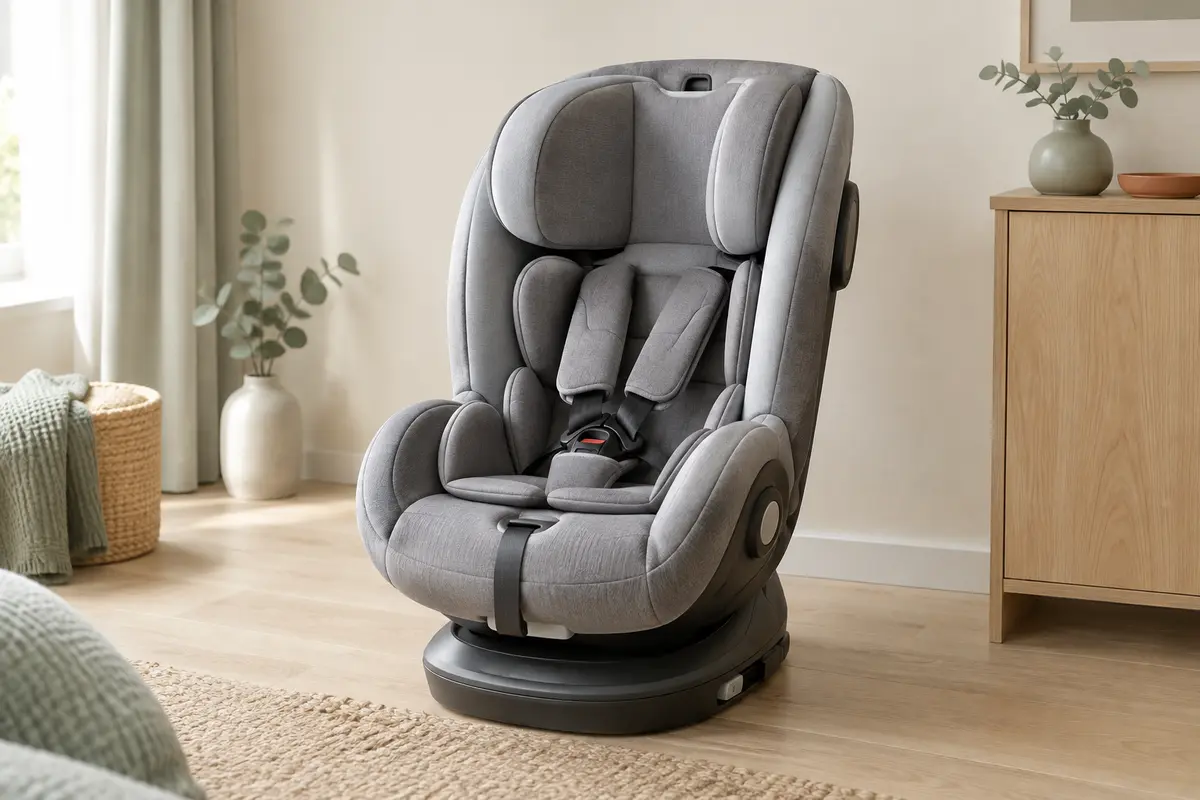 Siège auto évolutif gris pivotant à 360°, avec appui-tête réglable, présenté dans un intérieur lumineux.