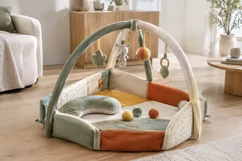 Tapis d’éveil Kinderkraft avec arches, jouets suspendus, coussin et balles dans une pièce lumineuse