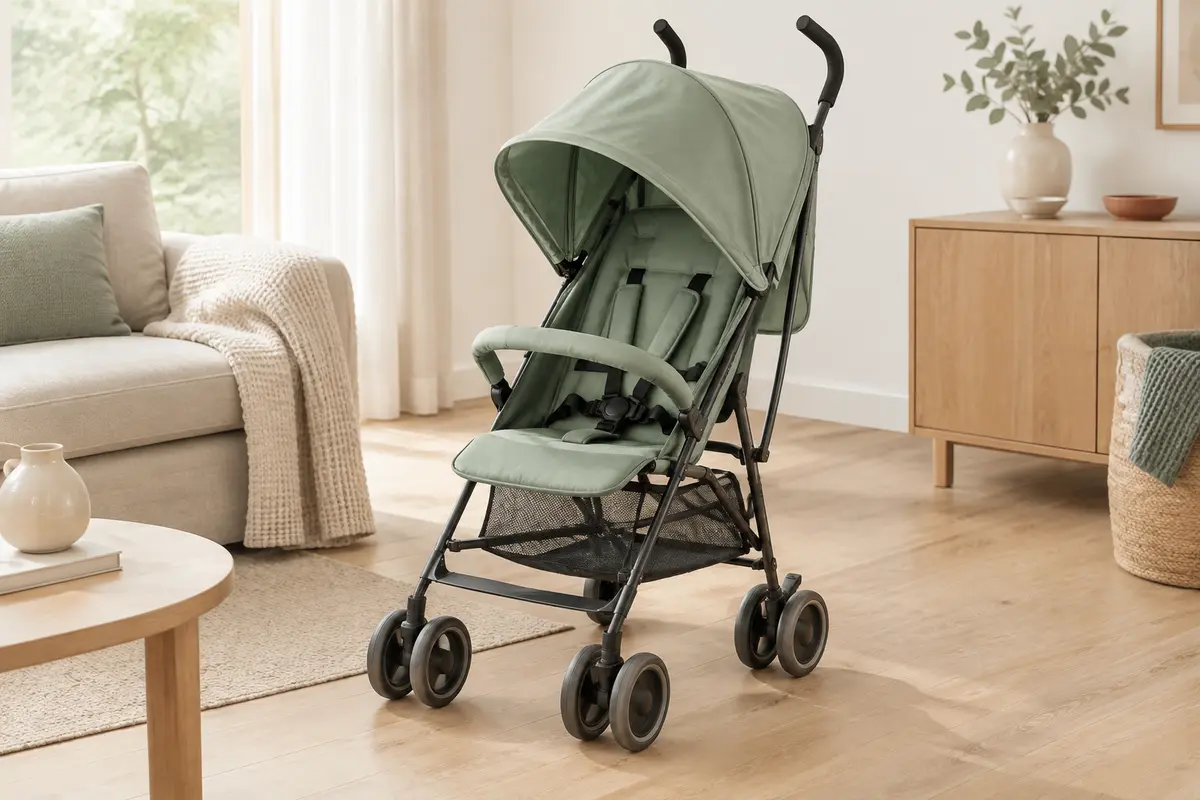 Poussette canne Kinderkraft TIK verte, dépliée dans une pièce lumineuse avec son panier et sa capote.