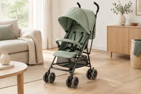 Poussette canne Kinderkraft TIK verte, dépliée dans une pièce lumineuse avec son panier et sa capote.