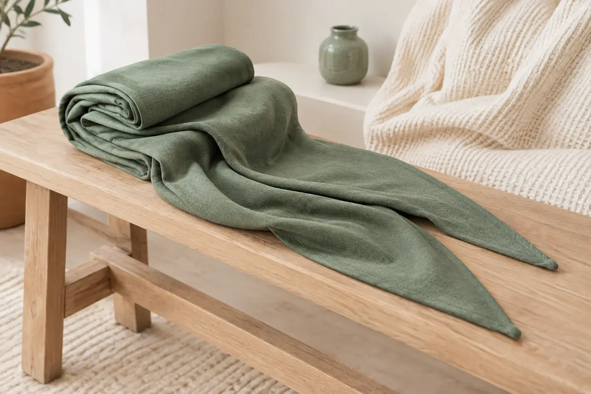 Écharpe de portage verte en coton extensible, pliée sur un banc en bois clair dans une pièce lumineuse.