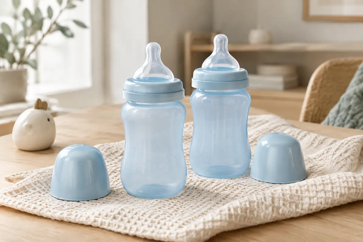 Deux biberons Lansinoh bleus de 240 ml avec tétines NaturalWave en silicone souple et couvercles