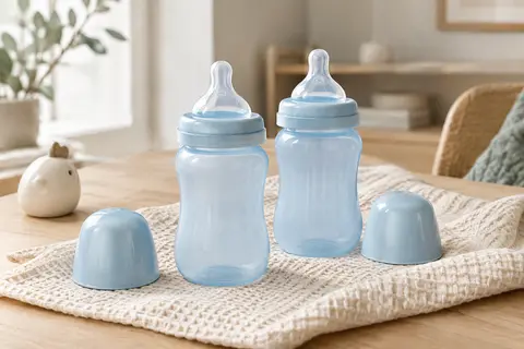Deux biberons Lansinoh bleus de 240 ml avec tétines NaturalWave en silicone souple et couvercles