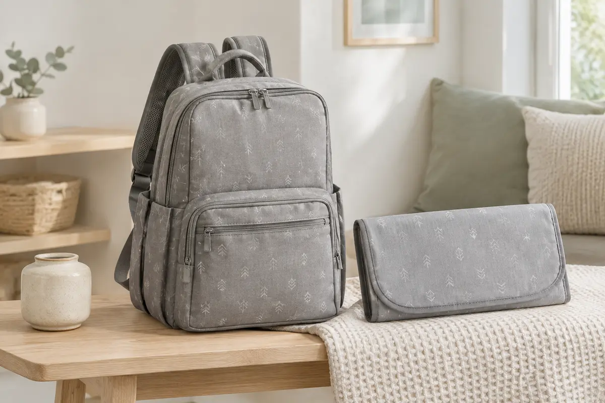 Sac à dos à langer gris à motif flèches avec son matelas pliable, posé dans une pièce lumineuse