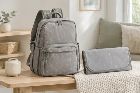 Sac à dos à langer gris à motif flèches avec son matelas pliable, posé dans une pièce lumineuse