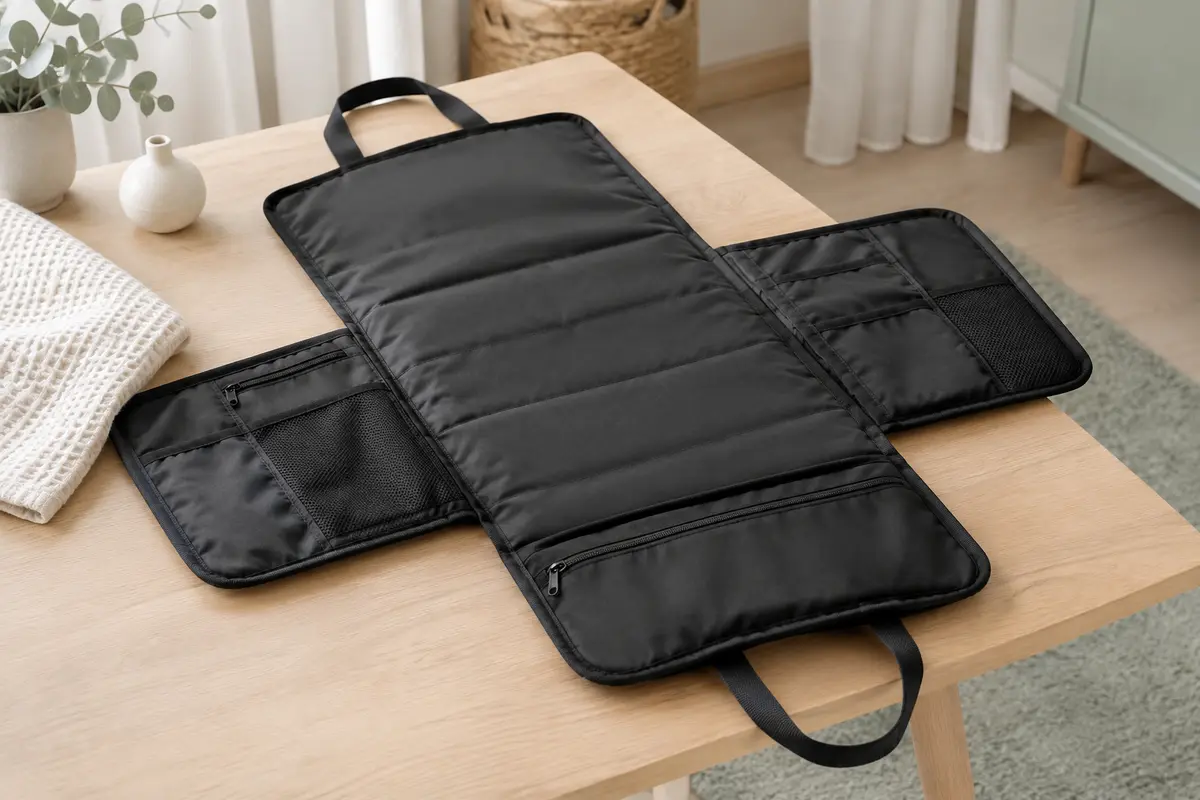 Tapis à langer pliable noir ouvert sur une commode en bois clair, avec ses poches de rangement visibles.