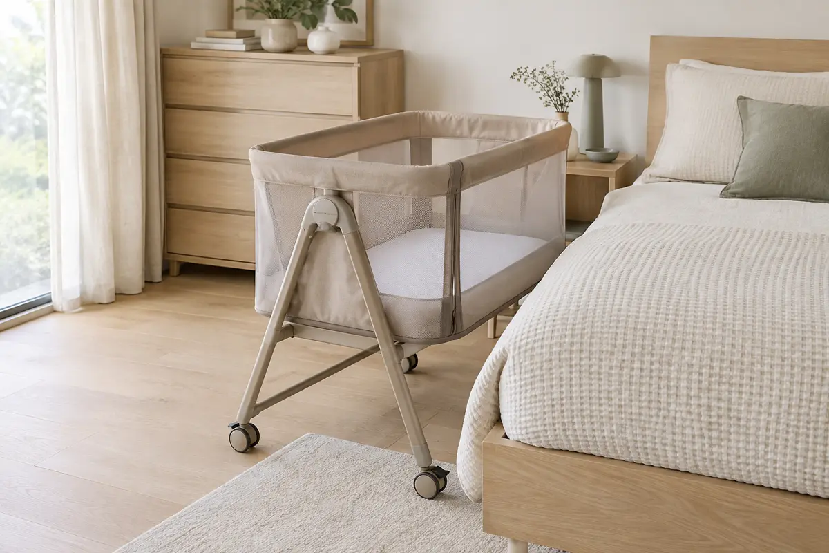 Lit bébé Lionelo Aurora beige avec côtés en maille, matelas en mousse et roulettes dans une chambre claire.