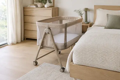 Lit bébé Lionelo Aurora beige avec côtés en maille, matelas en mousse et roulettes dans une chambre claire.